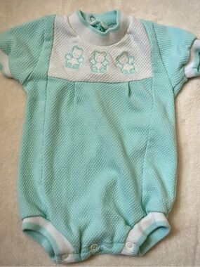 2pc Vintage Buster Brown Mint Teddy Bear Romper + HALO SleepSack Bundle 6-12M